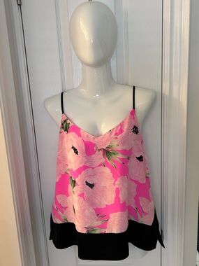 French Connection Vintage Pink Floral V-Neck Tank with Black Hem